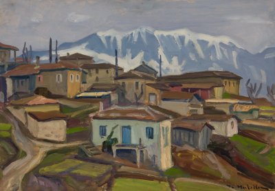 Goura Evening with Snowy Mountains — Oil painting, Fiberboard, 36.00×51.00cm — Theodoros Markellos
